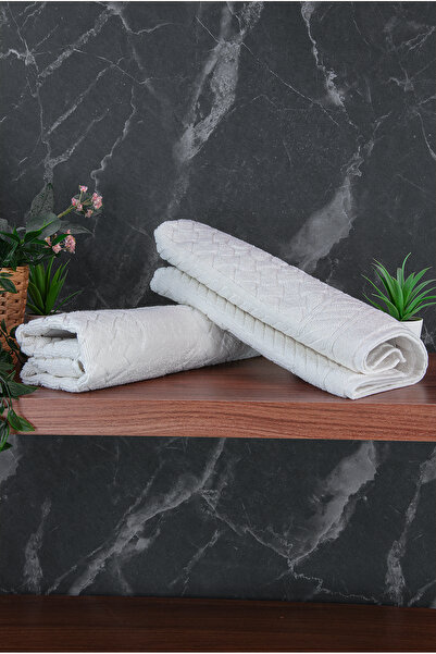 ihvan online Footprint Patterned 2-Piece Foot Towel - 50X70 cm - Water Absorbent Bath Mat Set - White