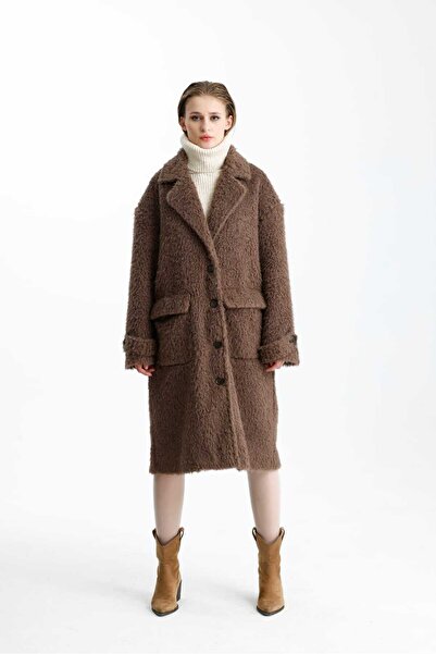 GACA COLLECTION NİNOVA Teddy Kahve Oversize Uzun Kaban