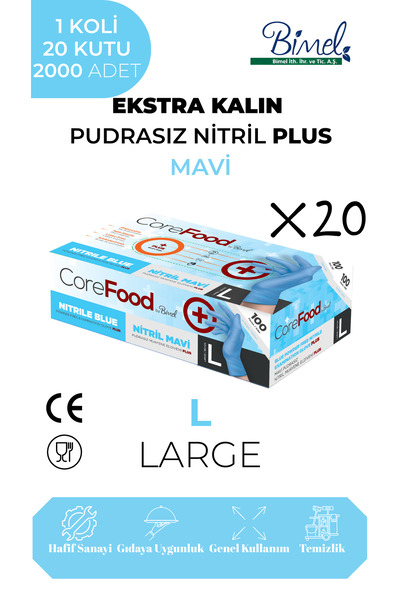 COREFOOD قفازات فحص إضافية سميكة من النتريل الأزرق مقاس L - علبة واحدة - 20 ع...