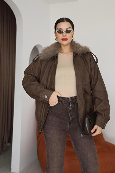 İgnites معطف جلدي بياقة فرو فاخرة باللون البني -IGNİTES-00011