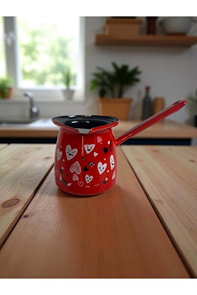 Emailul Medias Ibric roşu bombat pentru cafea, 5 cm, emailat, model inimioare