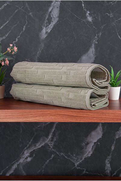 ihvan online Brick Patterned 2-Piece Foot Towel - 50X70 cm - Water Absorbent Bath Mat Set - Green
