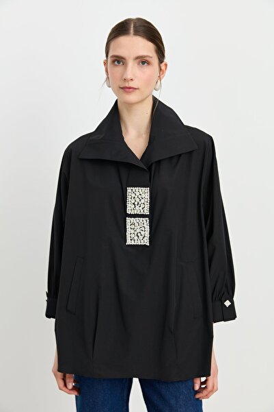 Nihan Kare Taşlı Gömlek Pamuk Tunik Siyah