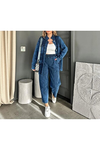 Lavanta Tekstil Denim Patchwork Knit Design Jacket Pants Set