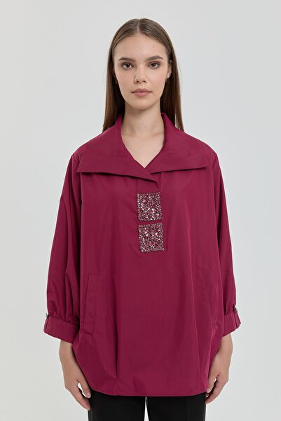 Nihan Kare Taşlı Gömlek Tunik Bordo