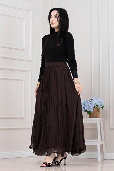 Sevitli Pleated Chiffon Skirt-Brown