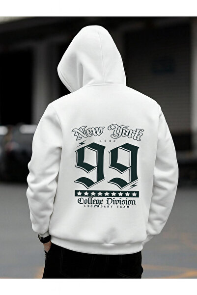 Rivox سويت شيرت أبيض للجنسين بغطاء رأس قصة فضفاضة 99 كوليدج مطبوع