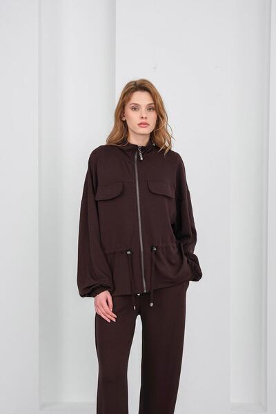 Basicpark Brown Women's Full-Length Zippered Mock Neck Piece Premium Modal Top and Bottom Set