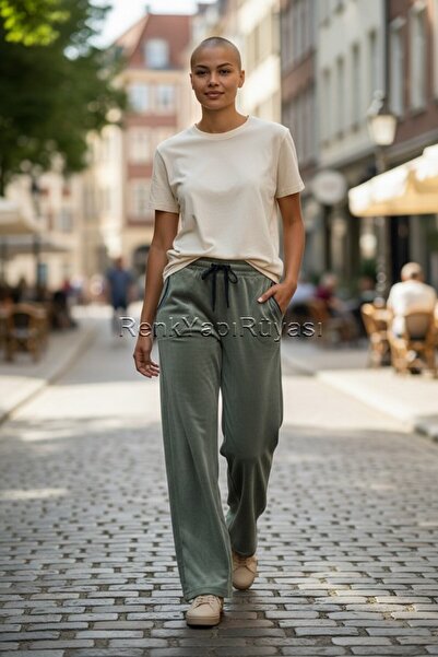 RENK YAPI RÜYASI Γυναικείο βελούδινο παντελόνι με φαρδύ πόδι με ελαστική μέση...