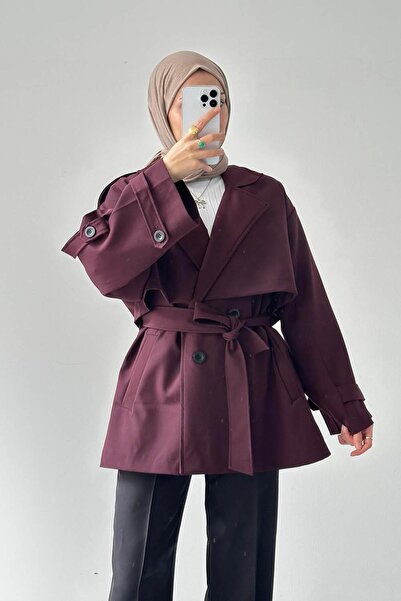 lamelif Κοντό παλτό με επένδυση ώμου μπορντό