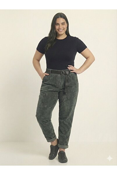 della moor Women's Khaki Italian Wide Fit Belted L Stretch Fabric Velvet Trousers 42 - 50 Size Range