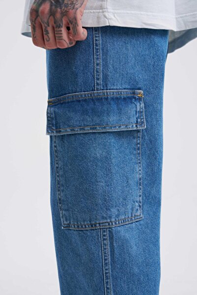 Machinist Men's Washable Cargo Pocket Pack Baggy Fit Jean Trousers Dark Blue