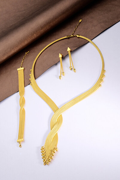 Innuendo Jewelry 925 Ayar Gümüş Trabzon Hasırı 6 Sıra Örgü Dorika Altın Kaplama Set