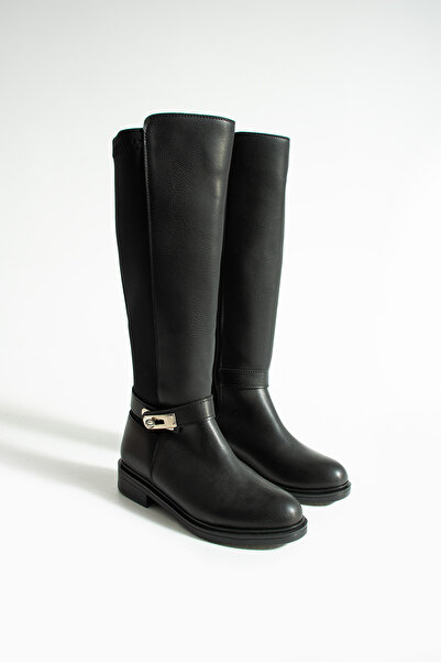 onthestar أحذية نسائية طويلة سوداء بمشبك وسحاب مطاطي تحت الركبة