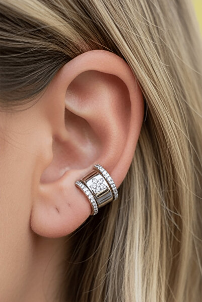 TAKIŞTIR Gümüş Renk Çiçek Figürlü Taş Detaylı 14K Altın Kaplama TX Ear Cuff (...