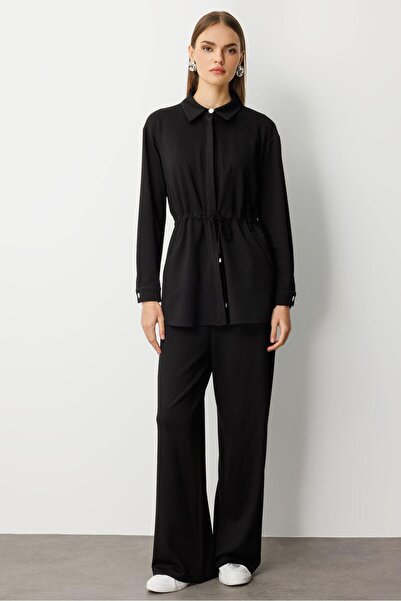 Mizalle Beli İp Büzgülü Yumuşak Dokulu Siyah Tunik