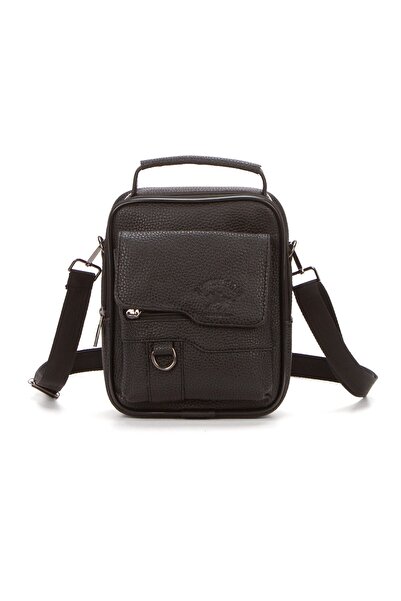 Newish Men's Black Faux Leather Crossbody Bag with Phone Compartment