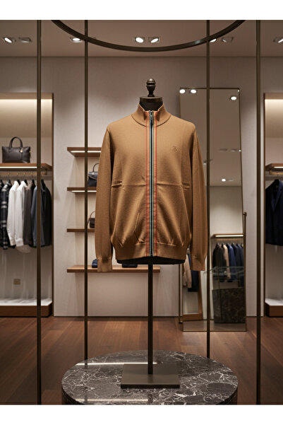 YusGos Men's Half Turtleneck Zippered Stripe Detailed Transitional High Quality Cardigan