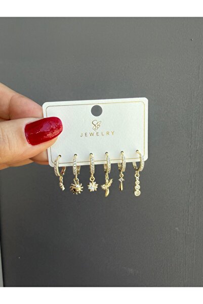 DGK COLLECTİON 14K gold renk,premium seri charm,zarif 6'lı kombin küpe