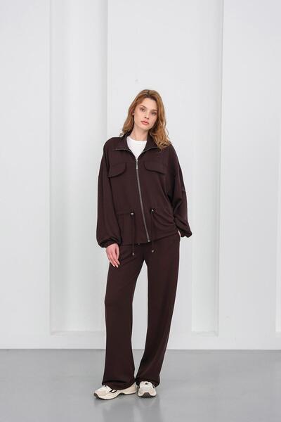 Basicpark Brown Women's Full-Length Zippered Mock Neck Piece Premium Modal Top and Bottom Set