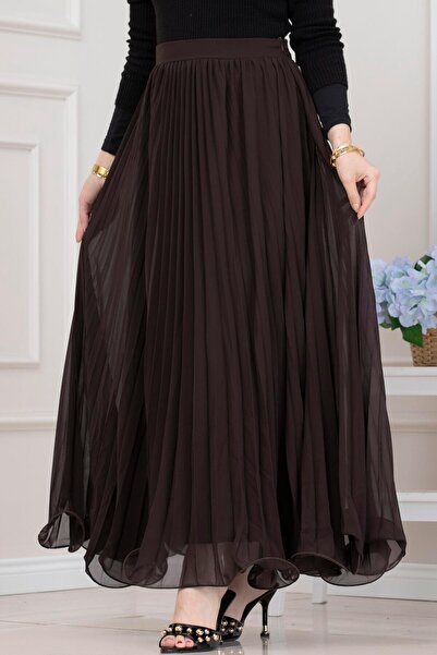 Sevitli Pleated Chiffon Skirt-Brown