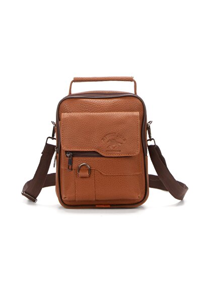 Newish Men's Tan Faux Leather Crossbody Bag with Phone Compartment