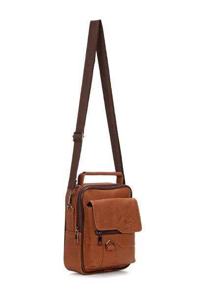 Newish Men's Tan Faux Leather Crossbody Bag with Phone Compartment