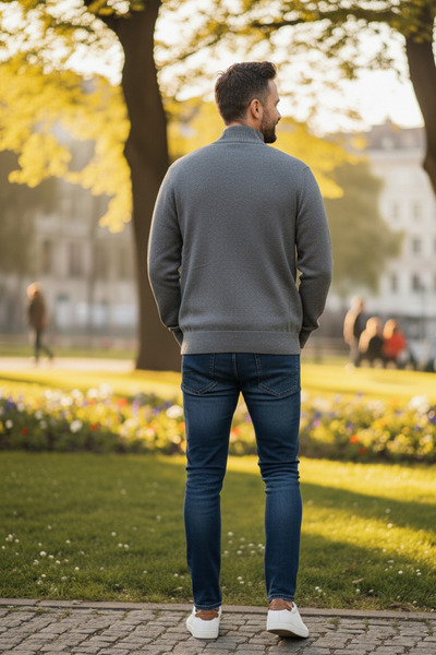 YusGos Men's Half Turtleneck Zippered Plaid Detailed Transitional High Quality Cardigan