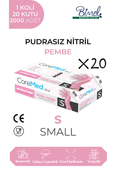 COREMED Nitril Pembe Pudrasız Muayene Eldiveni S - 1 Koli-20 Paket-2000'li