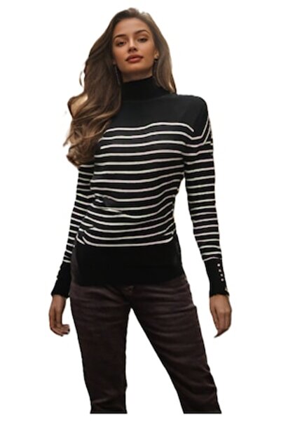 Sweater Black with white stripes, high collar, buttons on sleeves, M/L