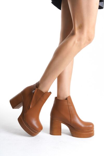 Redoxy Women's Special Design Platform Heeled Cross Zipper Tan Boots