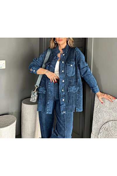 Lavanta Tekstil Denim Patchwork Knit Design Jacket Pants Set