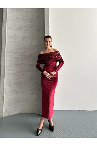 seri creation Straplez Kadife Payet İşlemeli Abiye Elbise