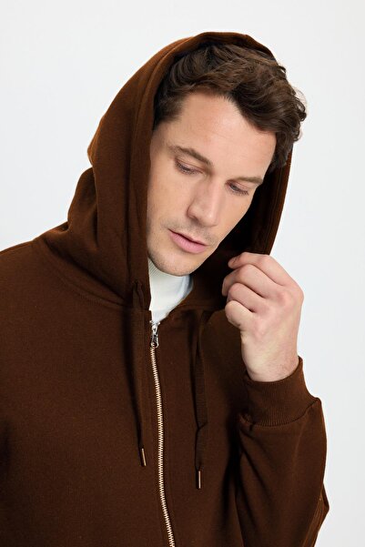 Tudors Unisex Relax Fit Relaxed Cut Βαμβακερό Fleece Εσωτερικό Διπλή Τσέπη Πλήρες φερμουάρ Καφέ Φούτερ με κουκούλα
