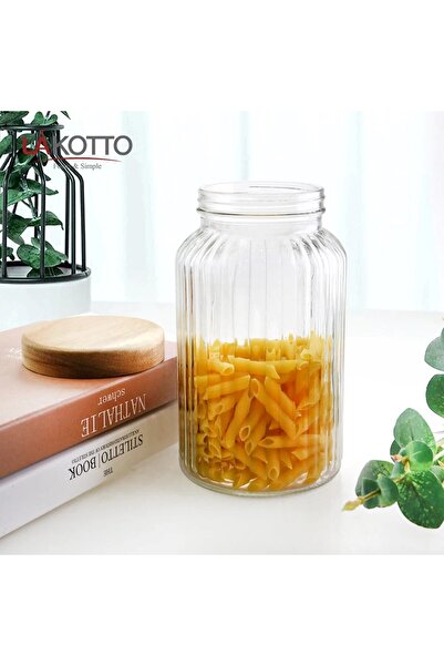 Qerhome Glass Striped Food Jar with Bamboo Lid 2900 ml