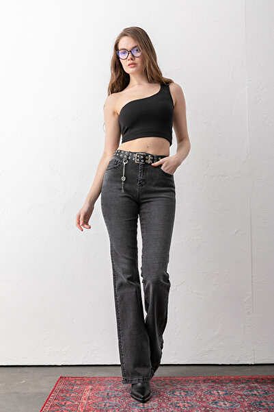Pantastic Jeans ANG LİKRALI İSPANYOL PAÇA KOYU GRİ KEMERLİ+ZİNCİRLİ KADIN JEANS