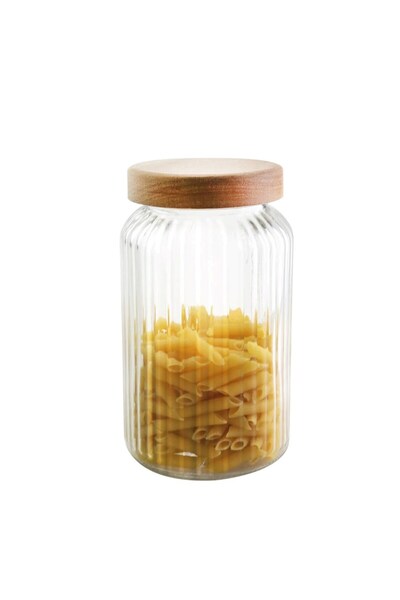 Qerhome Glass Striped Food Jar with Bamboo Lid 2900 ml