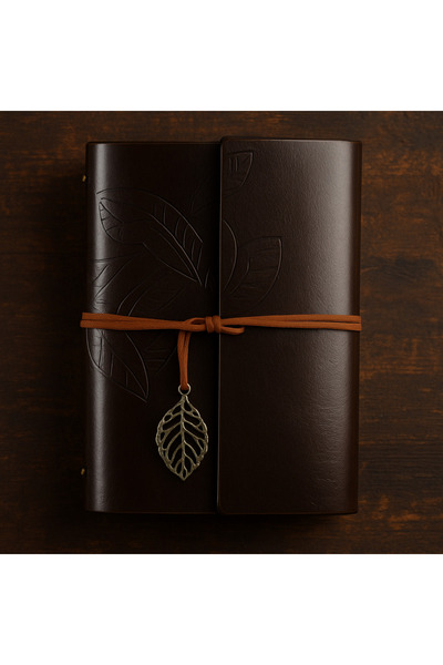 Barışhanesi Özel Tasarım Vintage Deri Ajanda Yaprak Kabartmalı Kraft Kağıtlı ...