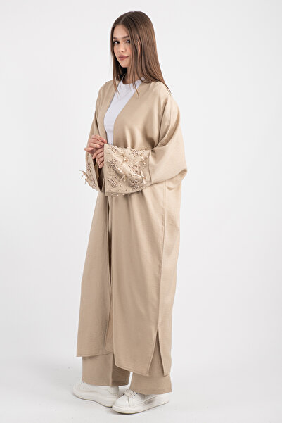 Hatun Atila Long Kimono Pants Set with Beads and Ribbon Detail 5149 - Beige
