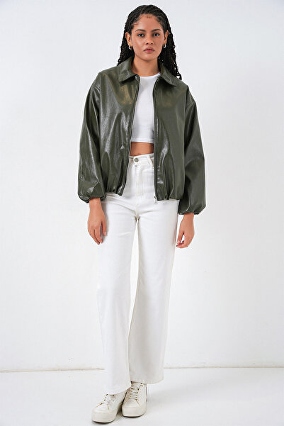 Bigdart Jachetă din piele artificială supradimensionat pentru femei 1049 - kaki