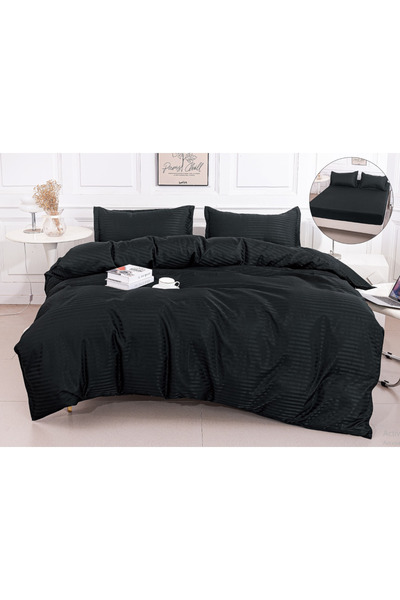trendyhome Lenjerie de Pat Dublu, Damasc Finet, 4 Piese, UNI, Negru, PT14055-...