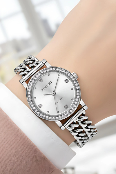 Ferrucci Chain Model Cord Steel Case Women Wrist Watch, Bracelet Gift Silver Color Zmfer206