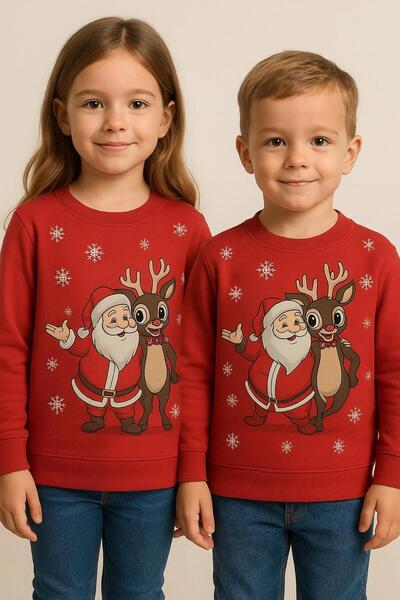 RAPAPA Unisex Children's Christmas Sweat – Santa & Rudolf Printed , Soft Fabric, Red-54445