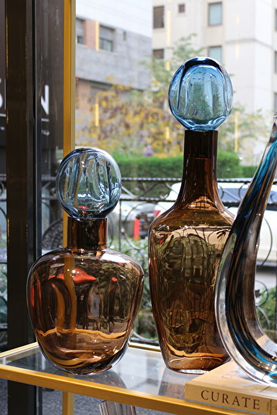 tuan design 2 Lİ Kahverengi Mavi Kapaklı Cam Vazo