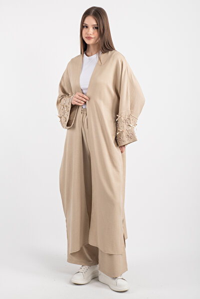 Hatun Atila Long Kimono Pants Set with Beads and Ribbon Detail 5149 - Beige