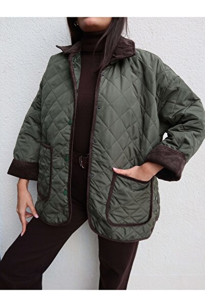 ESRAHELVACI Velvet Collar Snap Fastener Quilted Coat