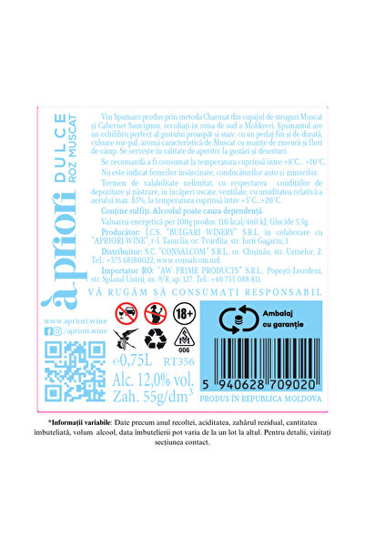 Apriori Set Spumant Muscat Alb & Muscat Rose + 2 Pahare + Gift Box