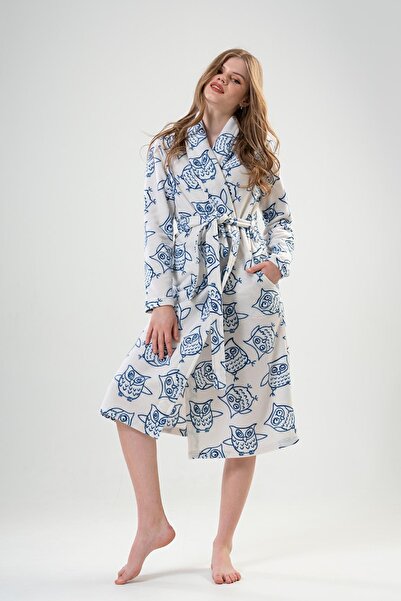 VİENETTA Women's Fleece Shawl Collar Dressing Gown – Owl Patterned White Model C8T2N0102