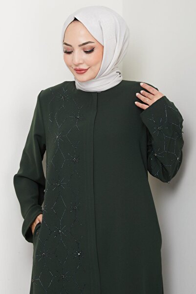 hafsamina Half Stone Ferace with Hidden Patlı Khaki Hm2860