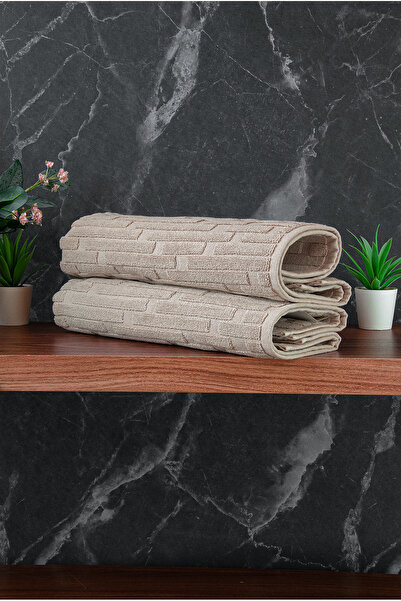 ihvan online Brick Patterned 2-Piece Foot Towel - 50X70 cm - Water Absorbent Bath Mat Set - Cream